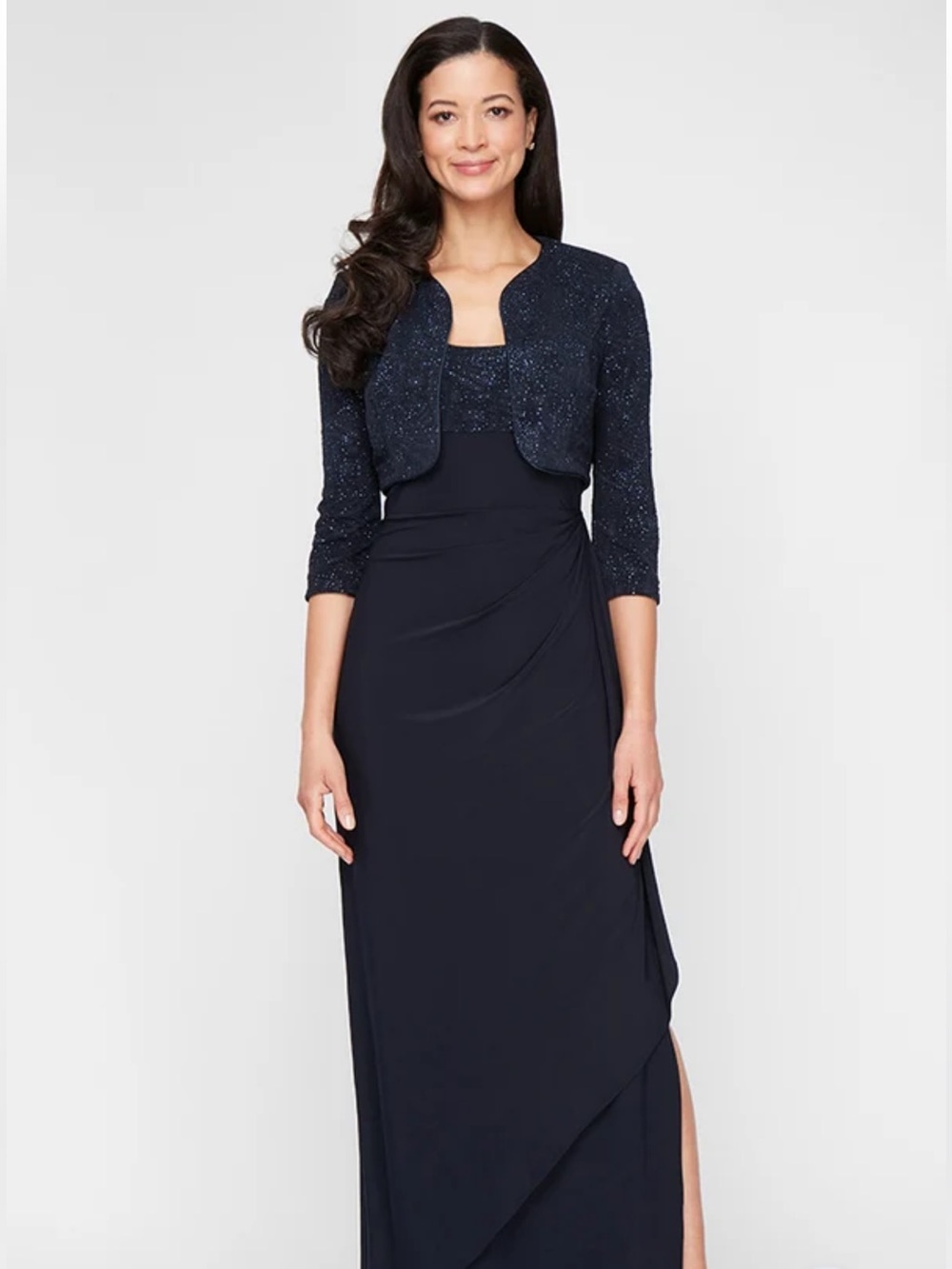 ALEX EVENINGS Matte Jersey Gown with Jacquard Bolero Jacket in Dark Navy.